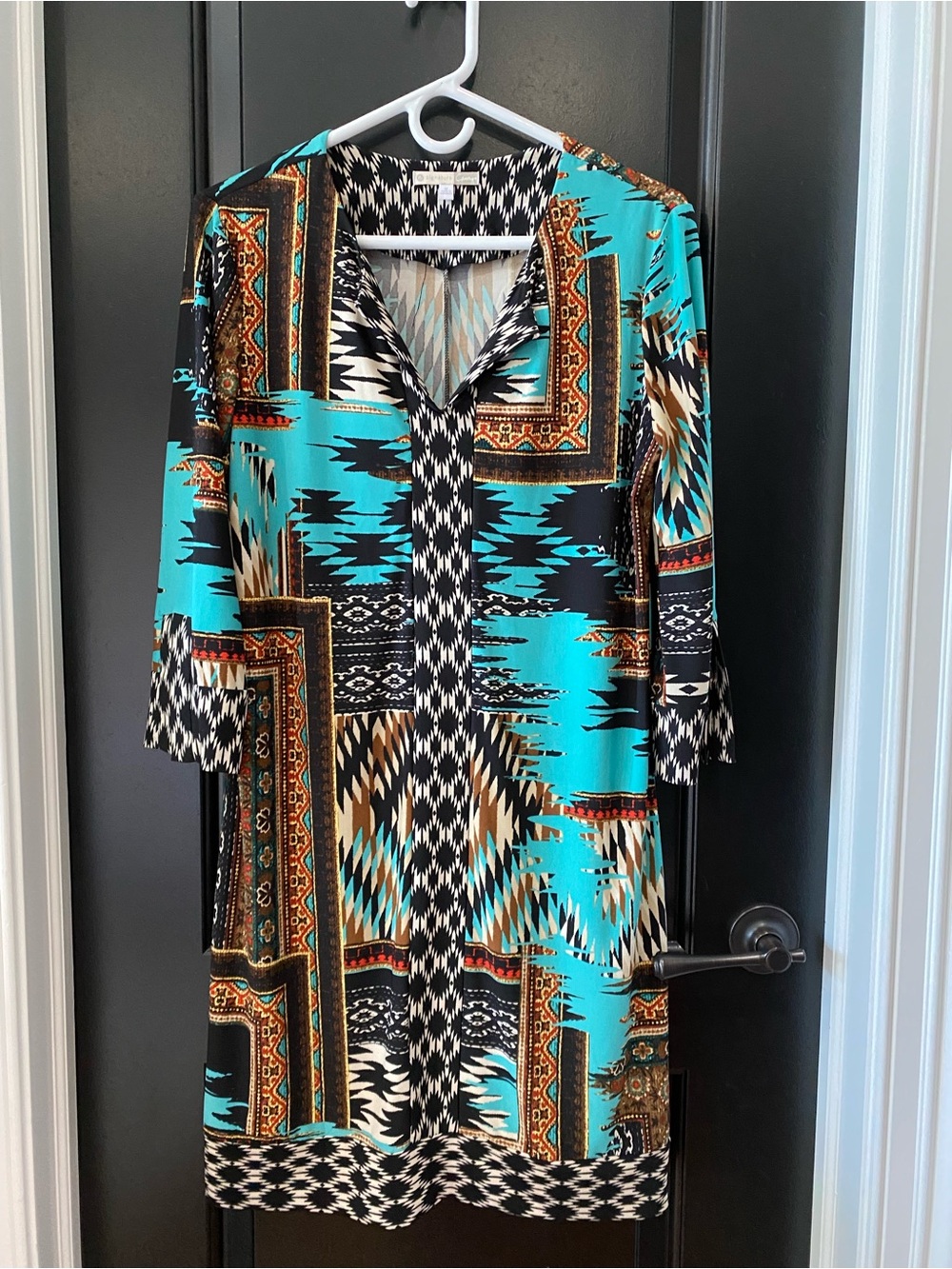Dress Barn Turquoise, Black & Brown Aztec-Print 3/4-Sleeve Mini Dress